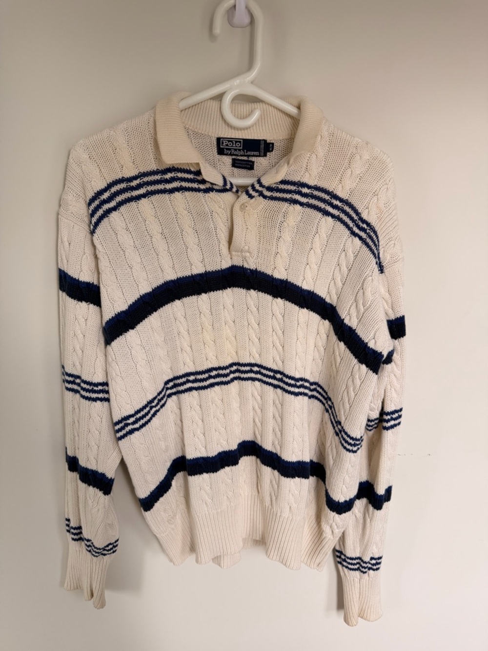 Ralph Lauren Cream Sweater with Navy Stripe Polo Collar